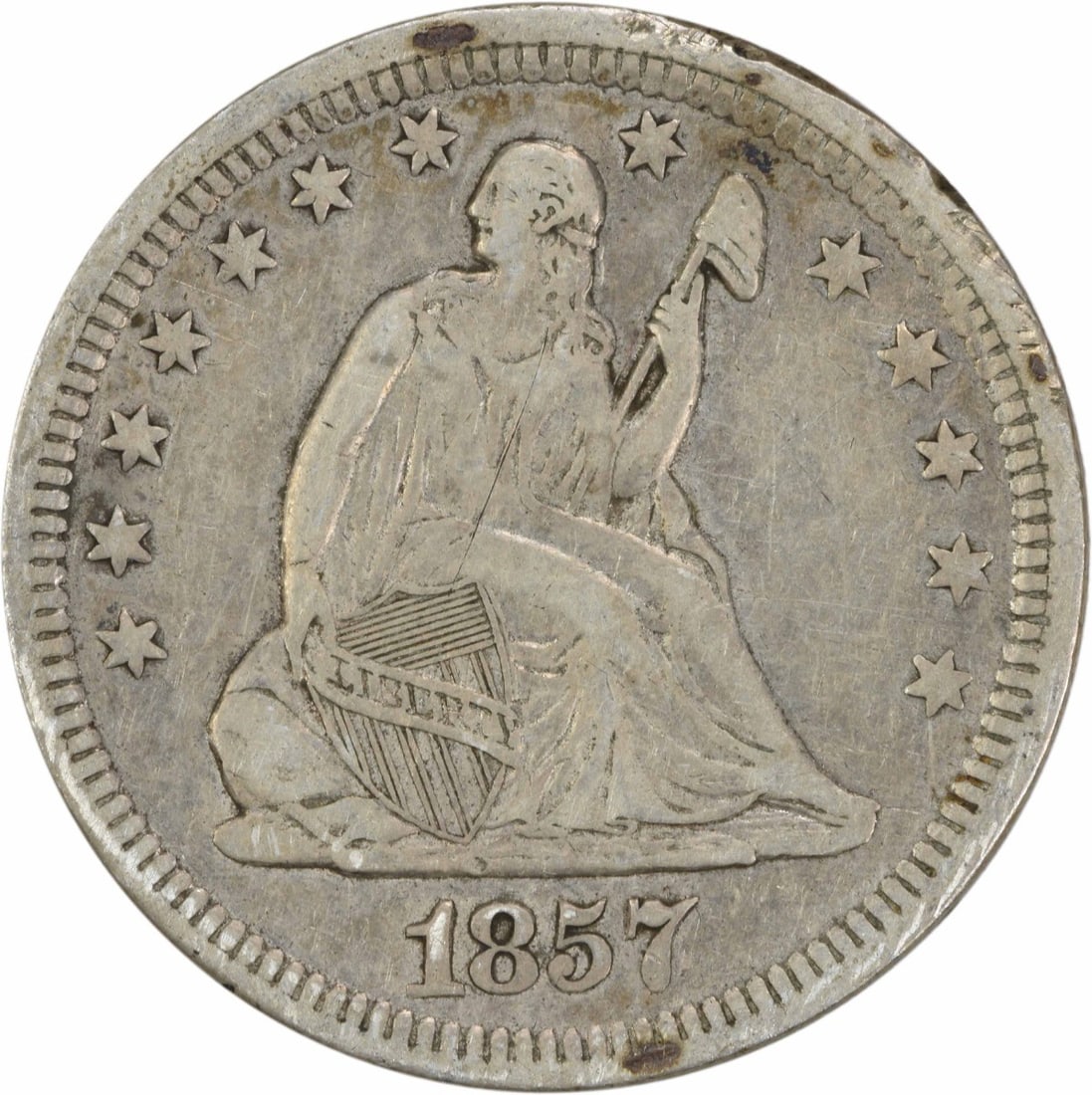 1857 Liberty Seated Silver Quarter VF Uncertified 25C: 1857 Liberty Seated Silver Quarter VF Uncertified 25C This 1857 Liberty Seated Silver Quarter showcases a beautiful design by Robert Ball Hughes and Christian Gobrecht. Struck in Philadelphia, this co