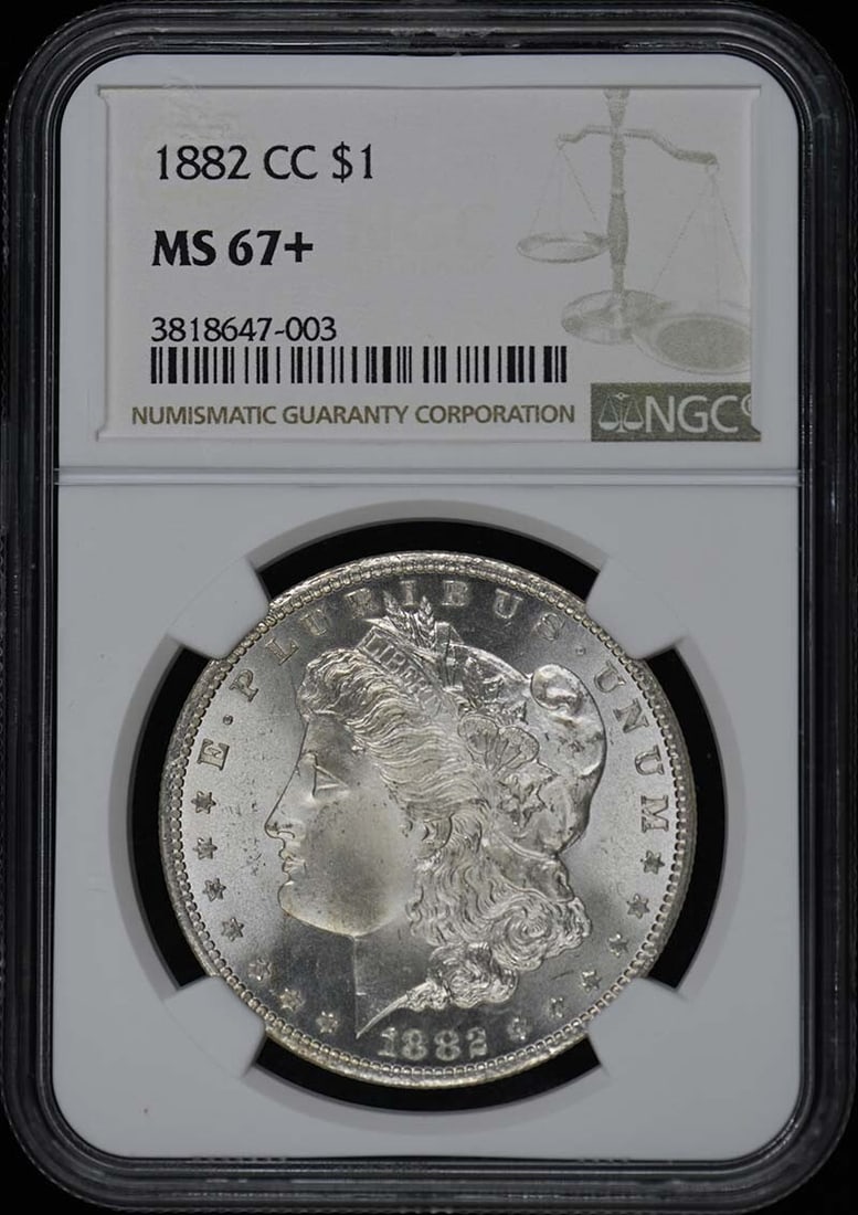 1882-CC Morgan Dollar NGC MS67+ Uncirculated Coin: 1882-CC Morgan Dollar NGC MS67+ Uncirculated Coin This stunning 1882-CC Morgan Dollar is graded MS67+ by NGC, indicating its exceptional condition. Struck in 1882 at the Carson City Mint, this uncircu