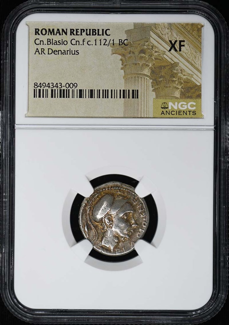 Roman Republic AR Denarius Cn Blasio Coin NGC Certified XF Grade: Roman Republic AR Denarius Cn Blasio Coin NGC Certified XF Grade This Roman Republic AR Denarius, attributed to Cn. Blasio Cn.f and dated circa 112/1 BC, has been certified by NGC with an XF (Extremel