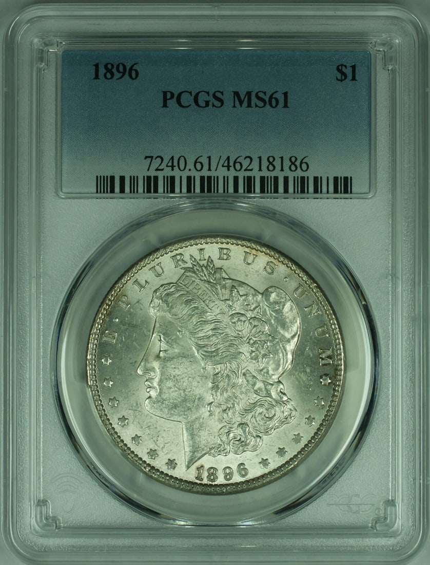 PCGS MS61 1896 Morgan Dollar Silver Coin Philadelphia Mint Certified: PCGS MS61 1896 Morgan Dollar Silver Coin Philadelphia Mint Certified This 1896 Morgan Silver Dollar was minted in Philadelphia and is certified by PCGS with a grade of MS-61. The coin is uncirculated,