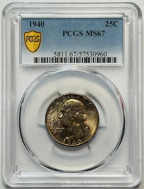 1940 P Washington Quarter PCGS MS67 Uncirculated Silver: 1940 P Washington Quarter PCGS MS67 Uncirculated Silver Discover this stunning 1940 P Washington Quarter, certified by PCGS with a remarkable MS-67 grade. This uncirculated coin features the classic s