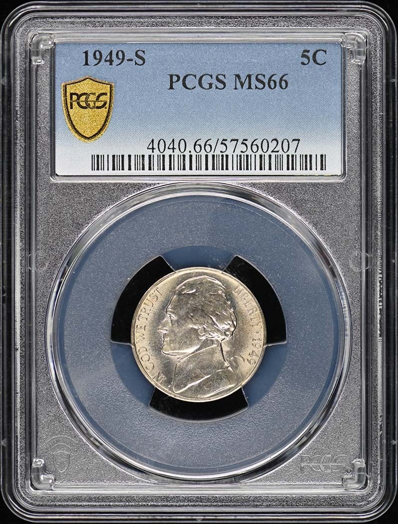 1949-S Jefferson Nickel PCGS MS66 Uncirculated Coin: 1949-S Jefferson Nickel PCGS MS66 Uncirculated Coin This 1949-S Jefferson Nickel is certified by PCGS with a grade of MS66, indicating its uncirculated condition. Minted in San Francisco, this coin sh