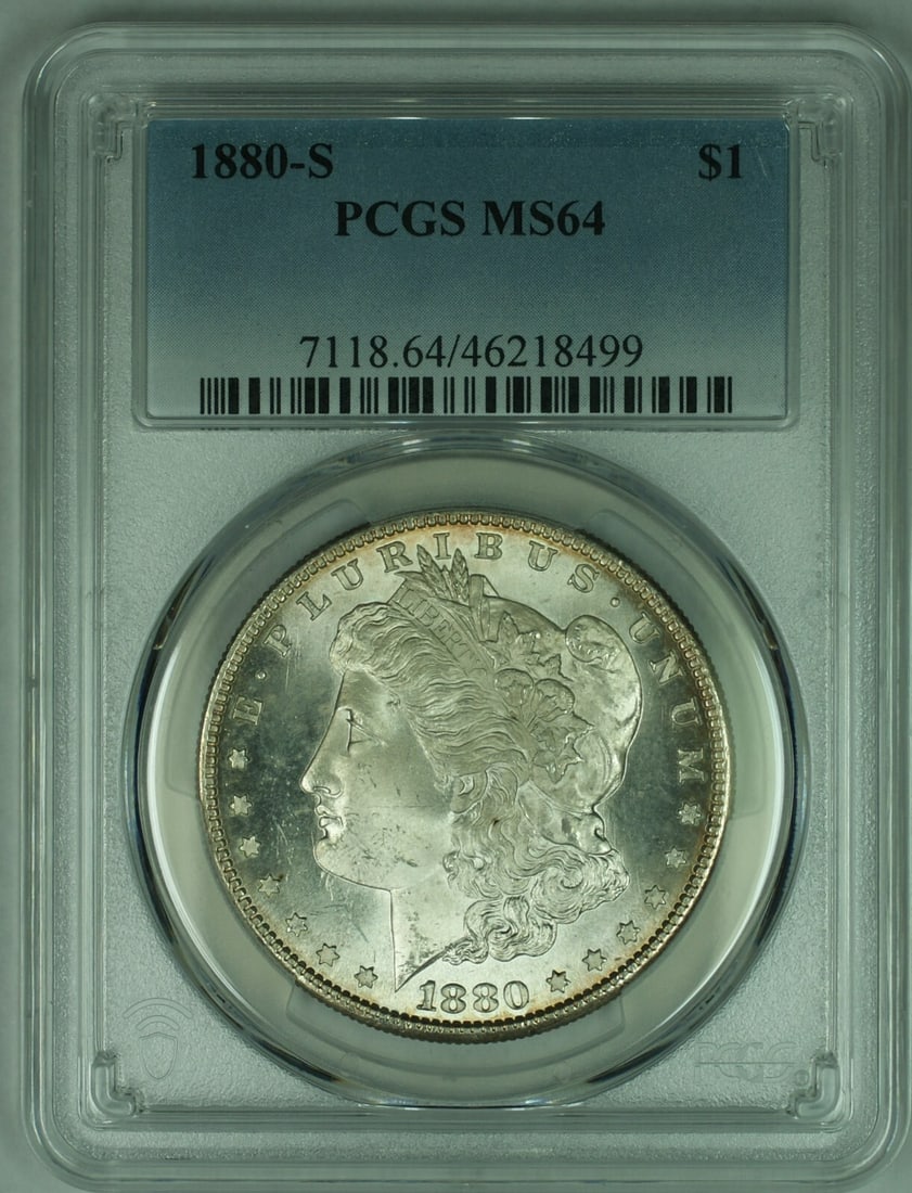PCGS MS-64 Certified 1880-S Morgan Silver Dollar from San Francisco: PCGS MS-64 Certified 1880-S Morgan Silver Dollar from San Francisco This is an 1880-S Morgan Silver Dollar graded MS-64 by PCGS. Minted in San Francisco, this uncirculated coin is composed of 0.9 fine
