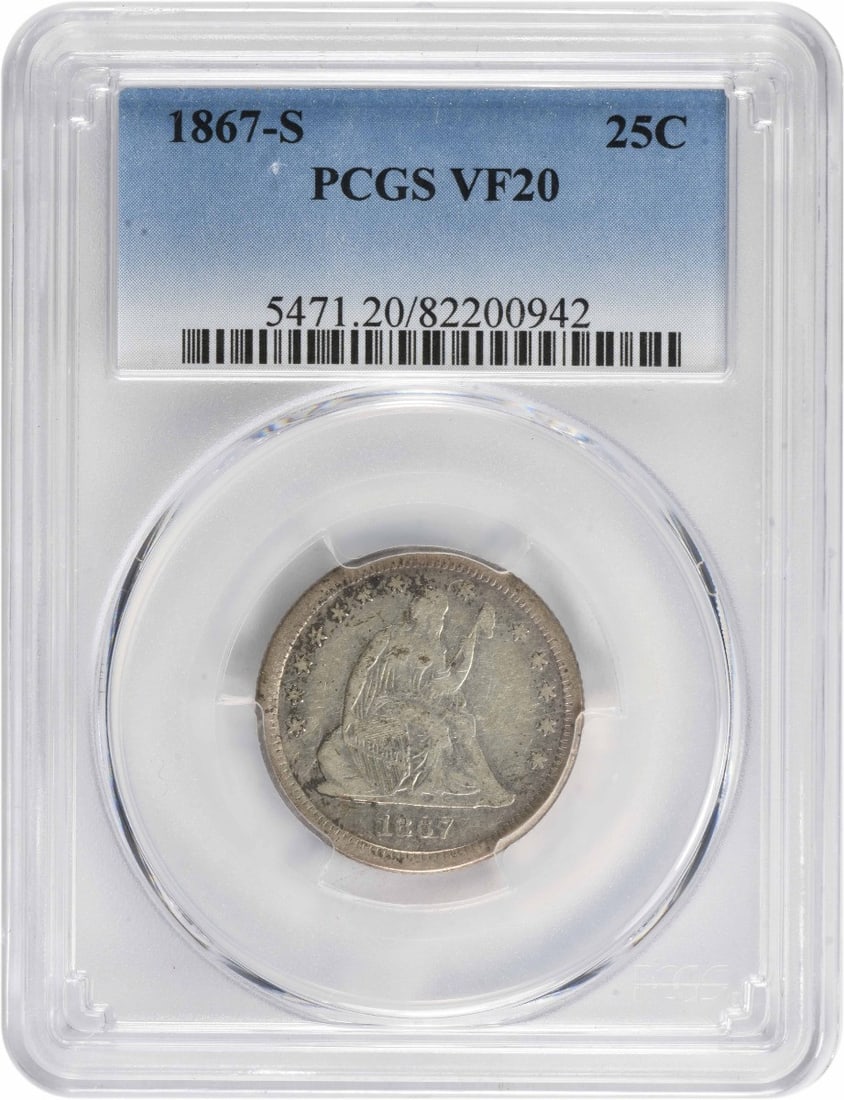 1867-S Liberty Seated Silver Quarter VF20 PCGS 25C San Francisco: 1867-S Liberty Seated Silver Quarter VF20 PCGS 25C San Francisco This 1867-S Liberty Seated Silver Quarter is a remarkable coin, certified by PCGS and graded VF20. It was minted in San Francisco and f