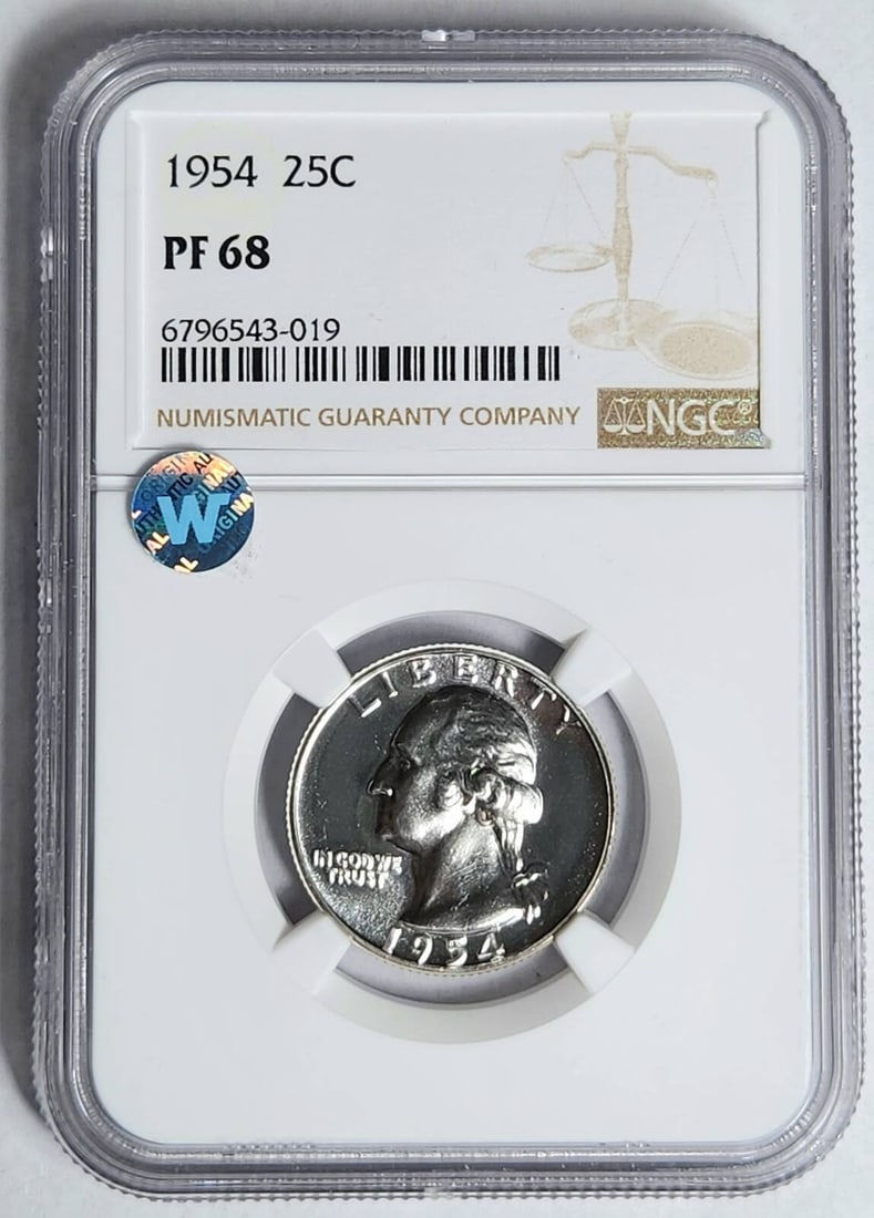 1954 P Washington Quarter NGC PF 68 Silver Proof Coin: 1954 P Washington Quarter NGC PF 68 Silver Proof Coin This 1954 P Washington Quarter is certified by NGC with a stunning grade of PF 68, indicating its pristine, uncirculated condition. Struck at the 