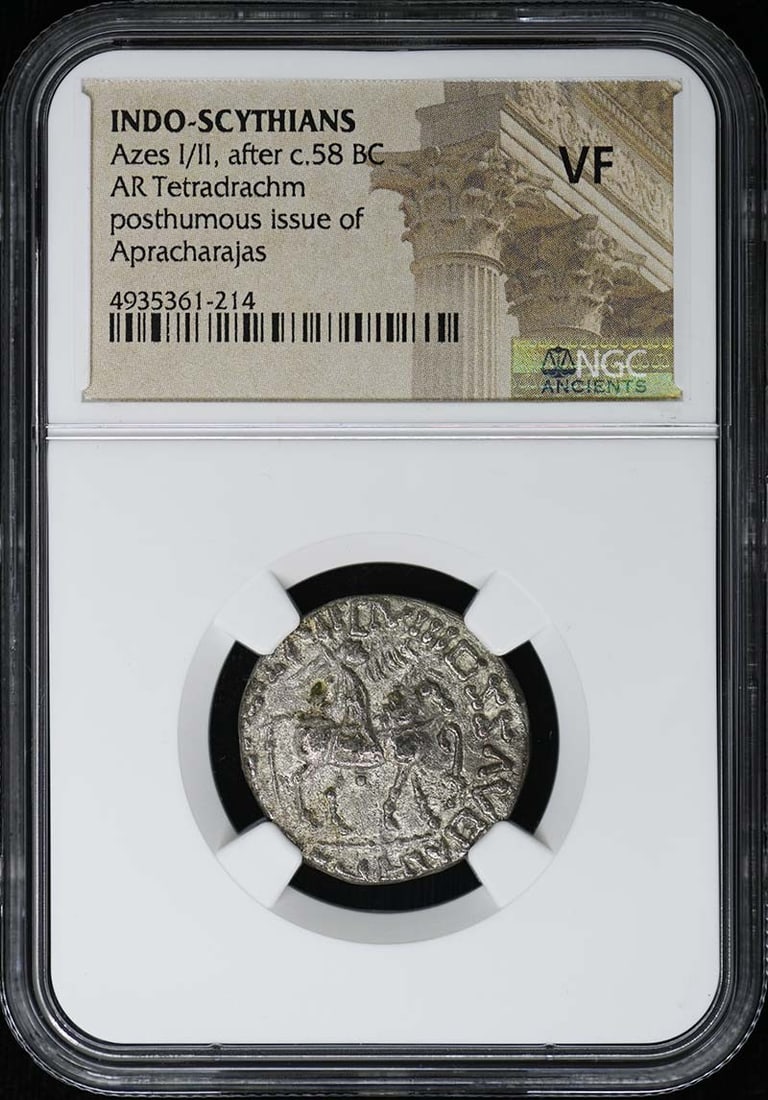 NGC VF Indo-Scythian Silver Tetradrachm Azes I or II circa 58 BC: NGC VF Indo-Scythian Silver Tetradrachm Azes I or II circa 58 BC This is an Azes I or II Indo-Scythian silver tetradrachm dating after approximately 58 BC. The coin has been certified by NGC and grade