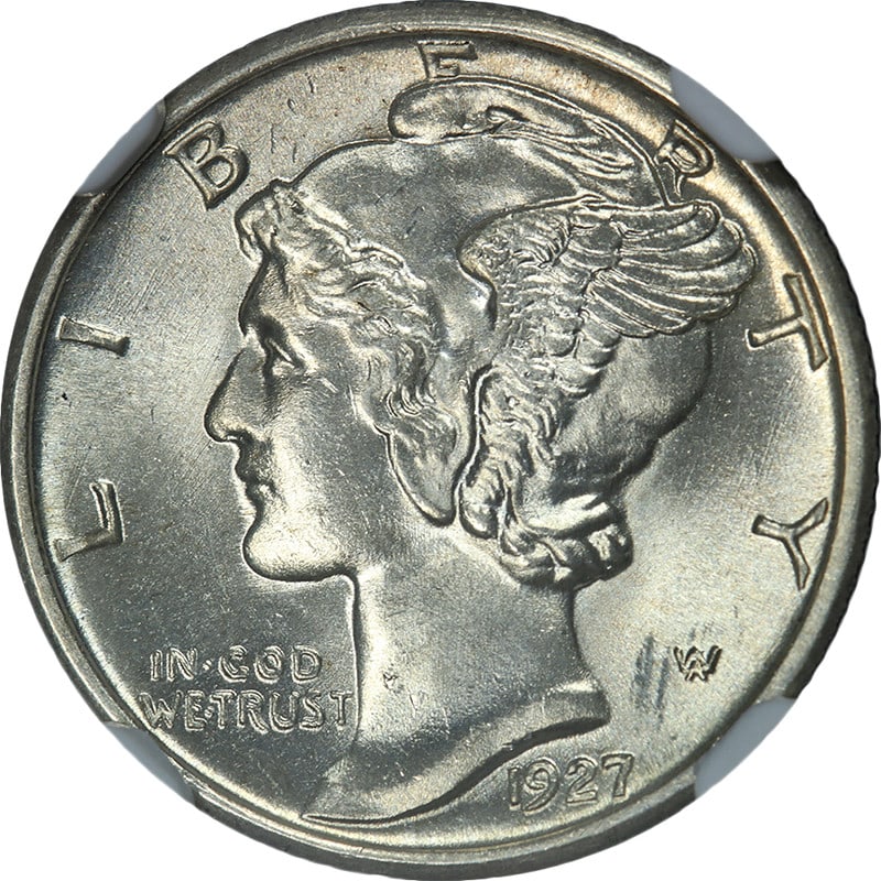 NGC MS65 FB 1927 Philadelphia Mercury Dime Silver Uncirculated: NGC MS65 FB 1927 Philadelphia Mercury Dime Silver Uncirculated This 1927-P Mercury Dime is certified by NGC with a grade of MS65 FB, indicating Full Bands on the reverse. The coin is composed of 90% s