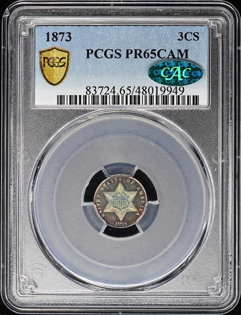 1873 Three Cent Silver Proof CAM PCGS PR65 with CAC: 1873 Three Cent Silver Proof CAM PCGS PR65 with CAC This 1873 Three Cent Silver coin is a remarkable piece, graded PR65 by PCGS and enhanced with the CAM designation. Minted in Philadelphia, this unci