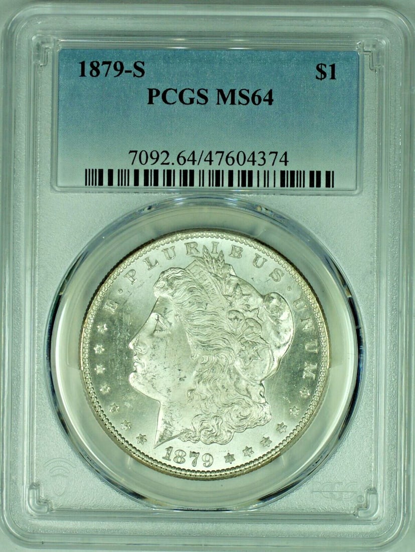 PCGS MS64 1879-S Morgan Dollar Uncirculated Silver Coin United States: PCGS MS64 1879-S Morgan Dollar Uncirculated Silver Coin United States This 1879-S Morgan Silver Dollar is an uncirculated coin graded MS 64 by PCGS. Featuring a blast white appearance, it is composed 