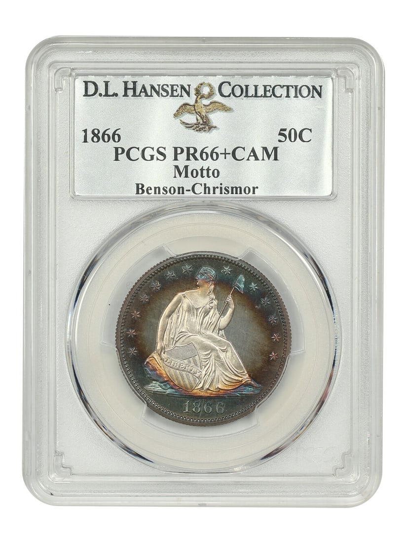 1866 50C Liberty Seated Half Dollar PR66+CAM Rare With Motto: 1866 50C Liberty Seated Half Dollar PR66+CAM Rare With Motto This stunning 1866 50C Liberty Seated Half Dollar is certified by PCGS with a grade of PR66+CAM, indicating its top-tier quality. Struck in