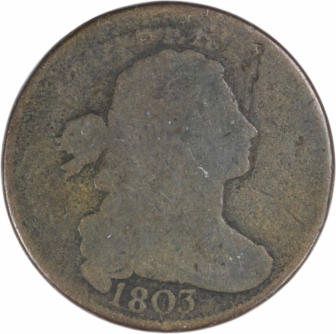 1803 Draped Bust Large Cent Copper Coin Uncertified G Grade: 1803 Draped Bust Large Cent Copper Coin Uncertified G Grade This 1803 Draped Bust Large Cent is a circulated coin from the Philadelphia Mint, designed by Robert Scot. Graded as G (Good), it is compose