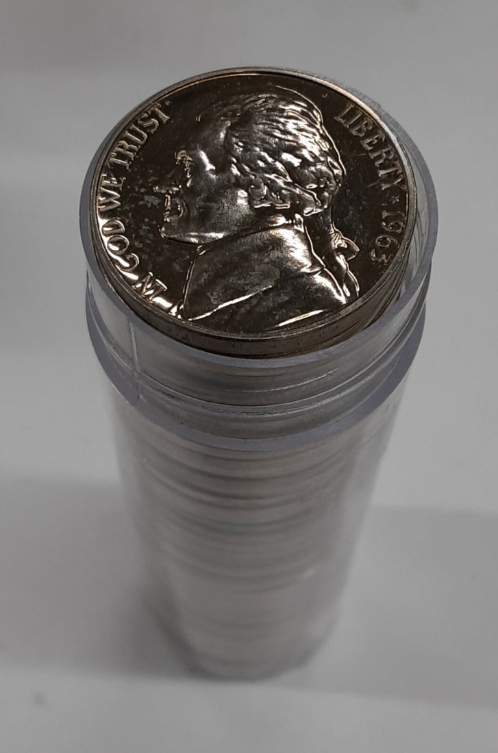 Roll of 40 Uncirculated 1963 Proof Jefferson Nickels in Tube: Roll of 40 Uncirculated 1963 Proof Jefferson Nickels in Tube This is a roll of 40 uncirculated 1963 Jefferson Nickel proof coins from the Philadelphia Mint. Each coin is composed of copper-nickel and 