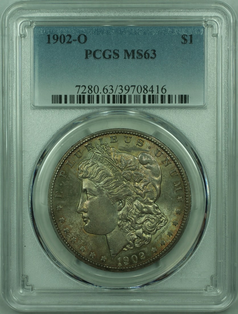 PCGS MS-63 1902-O Morgan Dollar Silver Coin with Toning: PCGS MS-63 1902-O Morgan Dollar Silver Coin with Toning This 1902-O Morgan Silver Dollar is a $1 coin from the United States, minted in New Orleans. Certified by PCGS with a grade of MS-63, this uncir