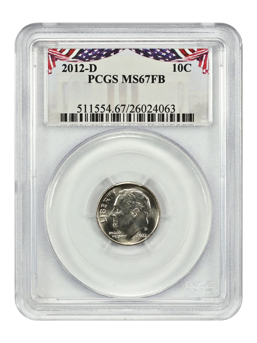 PCGS MS67FB 2012 Denver Mint Roosevelt Dime 10C Uncirculated: PCGS MS67FB 2012 Denver Mint Roosevelt Dime 10C Uncirculated This is a 2012-D Roosevelt Dime graded MS67FB by PCGS. The coin is uncirculated and features a Full Bands (FB) designation, indicating shar