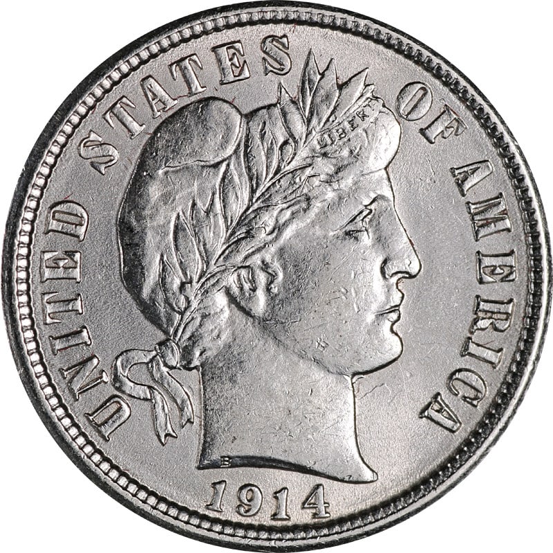 1914 Philadelphia Mint Barber Dime Silver Coin United States: 1914 Philadelphia Mint Barber Dime Silver Coin United States This is a 1914 Barber Dime minted in Philadelphia. The coin is composed of silver and is in circulated, pre-owned condition. It is uncertif