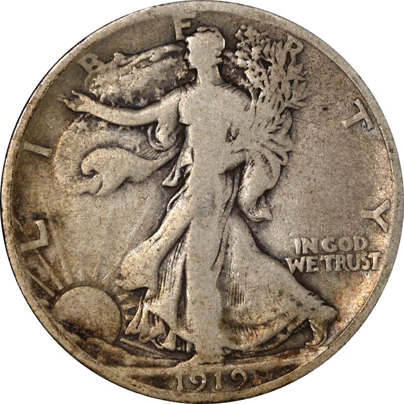 1919 Denver Silver Half Dollar Walking Liberty Coin United States: 1919 Denver Silver Half Dollar Walking Liberty Coin United States This is a 1919-D Walking Liberty Half Dollar coin from the United States. The coin is composed of silver with a fineness of 0.9 and wa