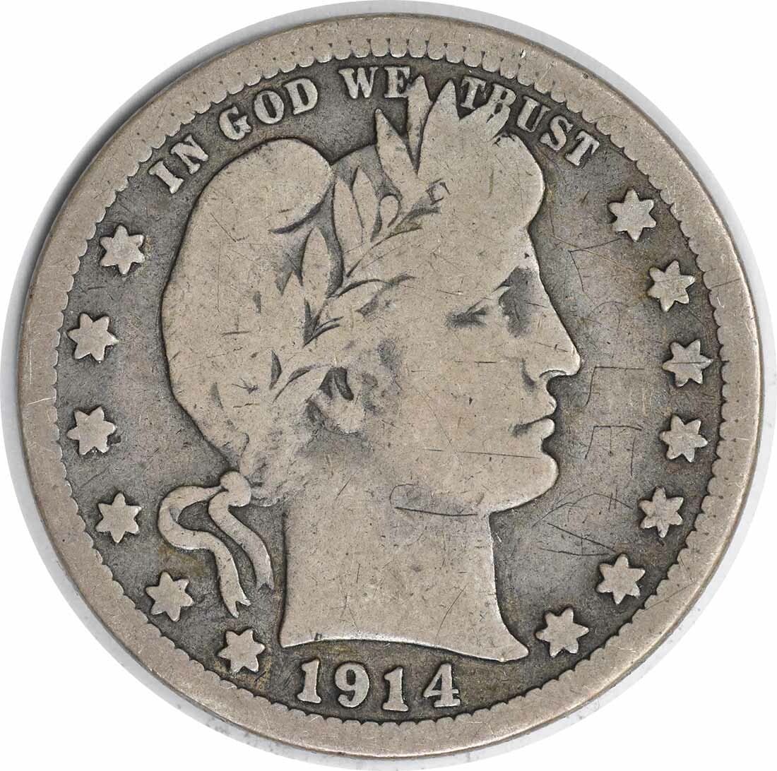 1914 San Francisco Barber Quarter 90 Percent Silver Very Good Uncertified: 1914 San Francisco Barber Quarter 90 Percent Silver Very Good Uncertified This is a 1914-S Barber Quarter from the United States, minted in San Francisco. The coin is circulated and in VG (Very Good) 