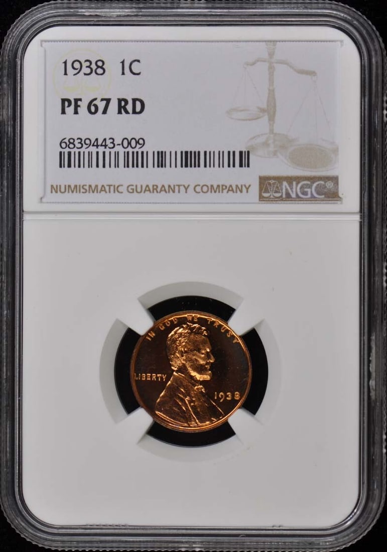1938 NGC PR67RD Uncirculated Wheat Reverse Lincoln Cent: 1938 NGC PR67RD Uncirculated Wheat Reverse Lincoln Cent This is a stunning 1938 Wheat Reverse Lincoln Cent, expertly graded as PR67RD by NGC. This uncirculated coin features a proof strike and was min