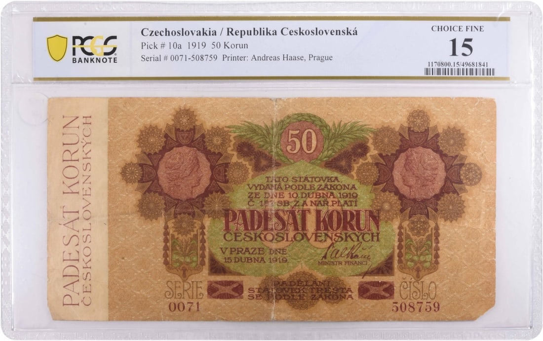 PCGS Certified 1919 Czech 50 Korun Banknote Pick 10a Fine Grade: PCGS Certified 1919 Czech 50 Korun Banknote Pick 10a Fine Grade This 1919 Czechoslovakia 50 Korun banknote is a circulated example graded F15 by PCGS. It offers a glimpse into the early currency histo