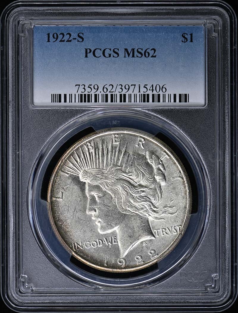 PCGS MS62 1922 San Francisco Peace Silver Dollar: PCGS MS62 1922 San Francisco Peace Silver Dollar This is a 1922-S Peace Dollar from the United States, graded MS62 by PCGS. Struck at the San Francisco Mint, this uncirculated coin is part of the Peac