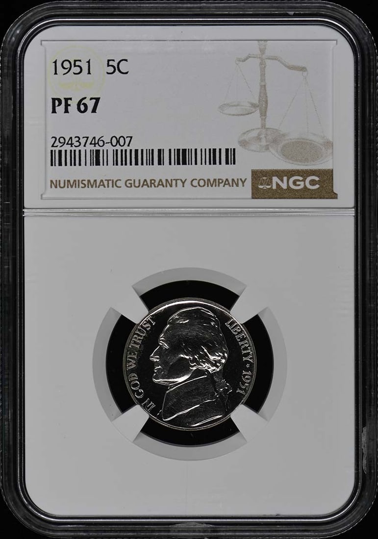 1951 Jefferson Nickel NGC PR67 Uncirculated Proof Coin: 1951 Jefferson Nickel NGC PR67 Uncirculated Proof Coin This 1951 Jefferson Nickel is a stunning example of numismatic craftsmanship, graded PR67 by NGC. It is an uncirculated proof coin from the Phila