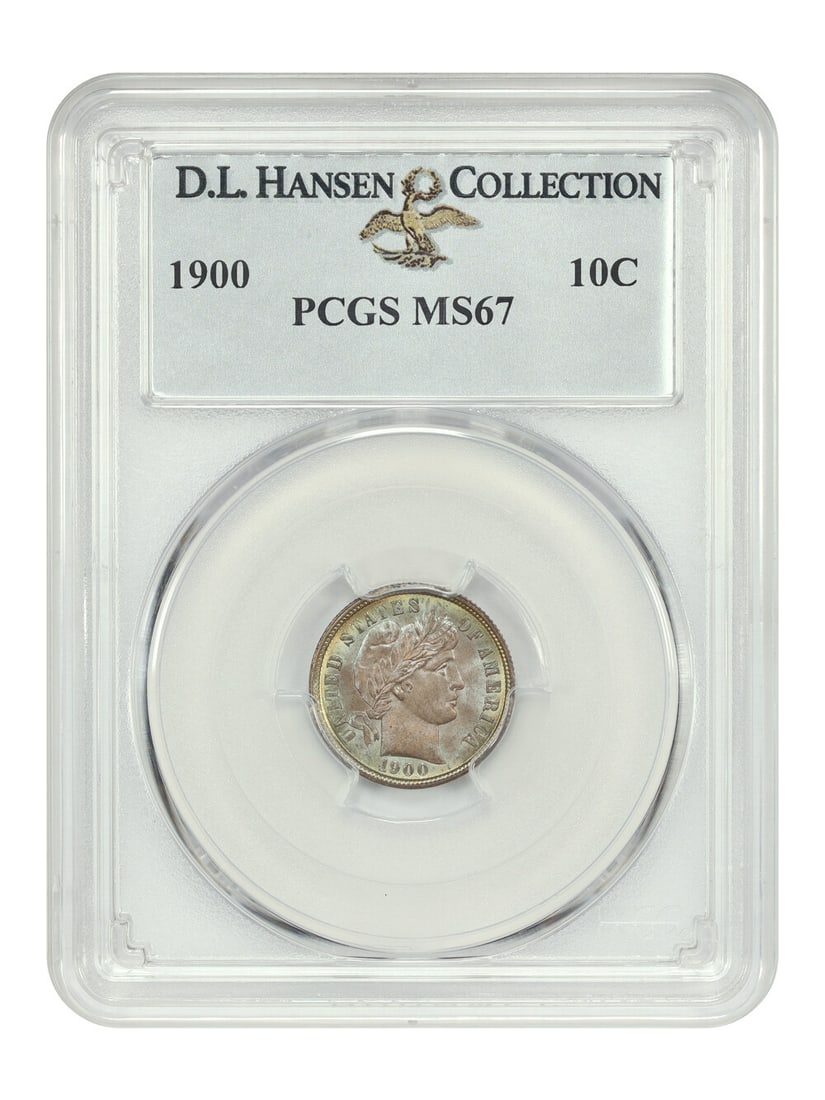 1900 Barber Dime 10C PCGS MS67 Stunning Pastel Toning Ex D.L. Hansen: 1900 Barber Dime 10C PCGS MS67 Stunning Pastel Toning Ex D.L. Hansen This stunning 1900 Barber Dime, certified by PCGS with a grade of MS67, is a remarkable find for collectors. With certification num