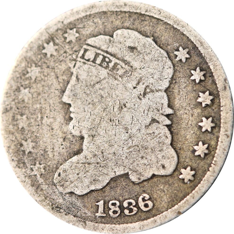 1836 Bust Half Dime Silver Coin Circulated Classic Design: 1836 Bust Half Dime Silver Coin Circulated Classic Design This 1836 Bust Half Dime is a captivating piece of numismatic history. Crafted from silver with a fineness of 0.9, this coin showcases the cla