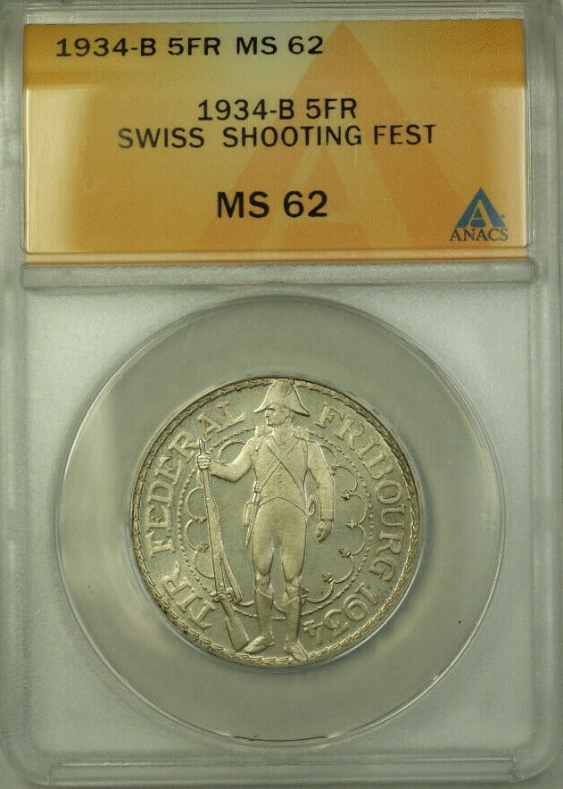 Silver 5 Francs 1934-B Swiss Shooting Festival Coin ANACS MS 62 Proof-Like: Silver 5 Francs 1934-B Swiss Shooting Festival Coin ANACS MS 62 Proof-Like This 1934-B Switzerland Shooting Festival 5 Francs coin is composed of silver and has been certified by ANACS with a grade of