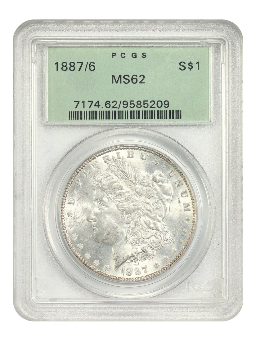 PCGS MS62 Morgan Dollar 1887 Over 6 Variety in Old Green Holder: PCGS MS62 Morgan Dollar 1887 Over 6 Variety in Old Green Holder This 1887/6 Morgan Dollar is a scarce overdate variety, certified by PCGS as MS62 and housed in an Old Green Holder (OGH). Struck at the
