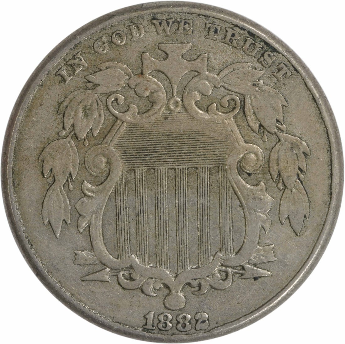 1882 Shield Nickel 5C EF Uncertified Philadelphia Mint: 1882 Shield Nickel 5C EF Uncertified Philadelphia Mint This 1882 Shield Nickel is a remarkable piece of numismatic history. Struck in Philadelphia, it features a composition of 75% copper and 25% nick
