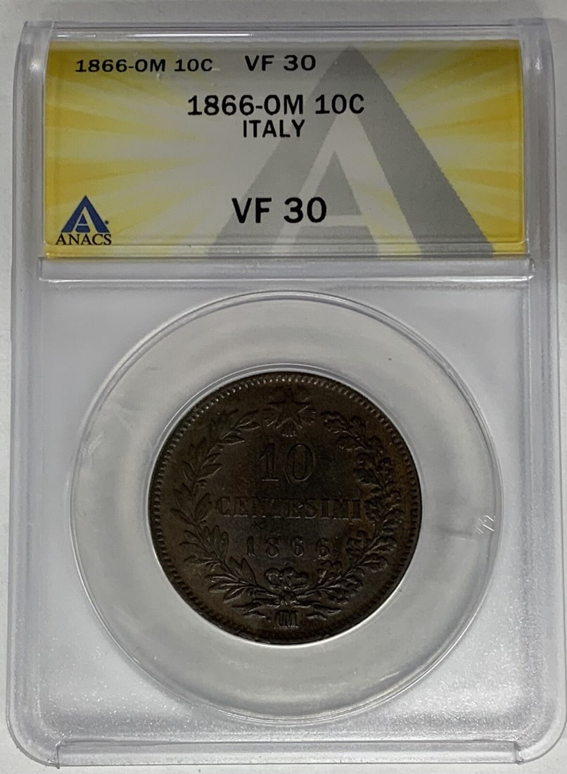 Italy 1866-OM 10 Centesimi ANACS VF 30 Certified Coin: Italy 1866-OM 10 Centesimi ANACS VF 30 Certified Coin This is an 1866-OM Italy 10 Centesimi coin, certified by ANACS with a grade of VF 30. The coin originates from Italy and has a denomination of 10 