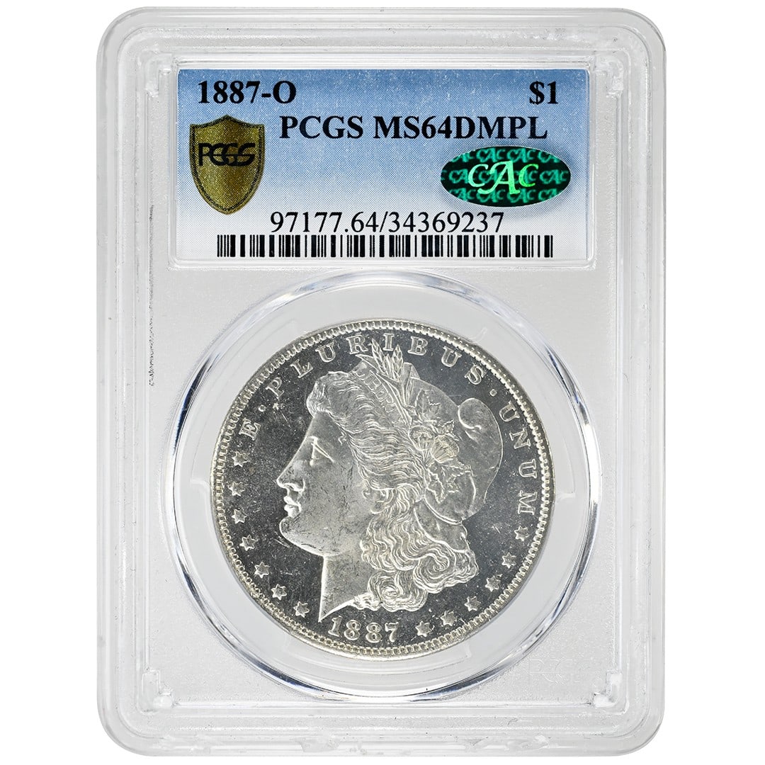 PCGS MS64DMPL Morgan Silver Dollar 1887-O New Orleans Mint CAC Certified: PCGS MS64DMPL Morgan Silver Dollar 1887-O New Orleans Mint CAC Certified This 1887-O $1 Morgan Dollar is a rare Deep Mirror Proof-Like (DMPL) coin certified by PCGS and CAC with a grade of MS64DMPL. S