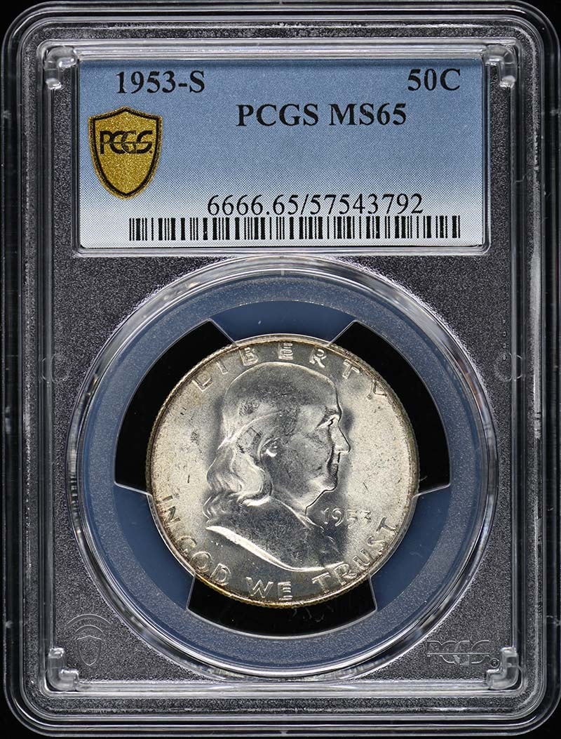 1953-S Franklin Half Dollar PCGS MS65 Uncirculated: 1953-S Franklin Half Dollar PCGS MS65 Uncirculated This 1953-S Franklin Half Dollar is graded MS65 by PCGS, ensuring its high quality and excellent condition. It was minted in San Francisco and is cla