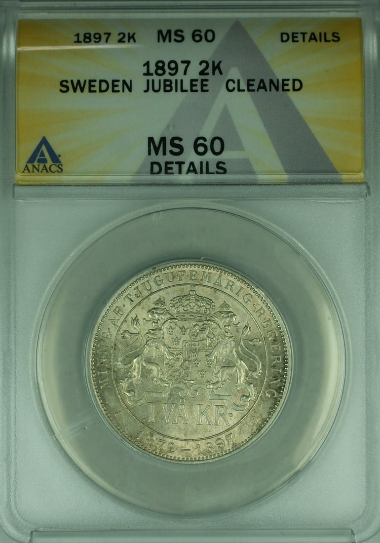 1897 Sweden 2 Kronor Silver Jubilee Coin ANACS MS-60 Details King Oscar II: 1897 Sweden 2 Kronor Silver Jubilee Coin ANACS MS-60 Details King Oscar II This 1897 Sweden 2 Kronor silver coin commemorates the 25th anniversary of the reign of King Oscar II. Certified by ANACS wit
