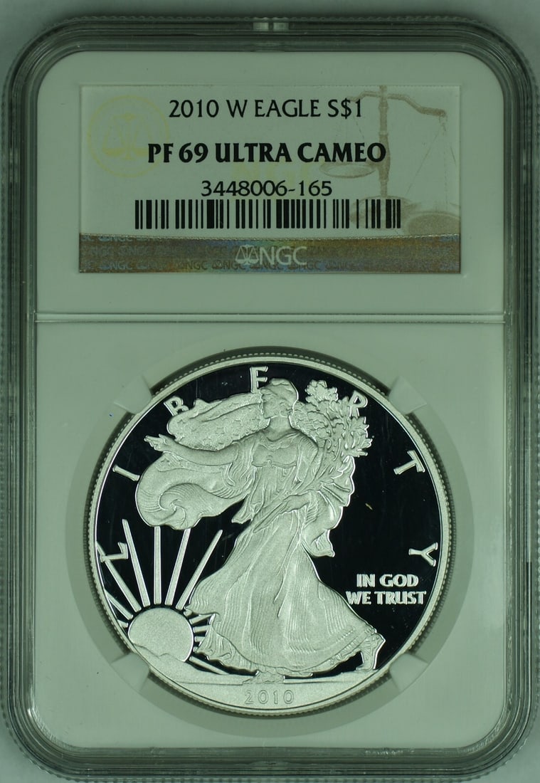 NGC PF 69 Ultra Cameo 2010-W Proof Silver Eagle Dollar Coin: NGC PF 69 Ultra Cameo 2010-W Proof Silver Eagle Dollar Coin This 2010-W American Proof Silver Eagle is a commemorative $1 coin graded by NGC as PF 69 Ultra Cameo. The coin is uncirculated, proof strik
