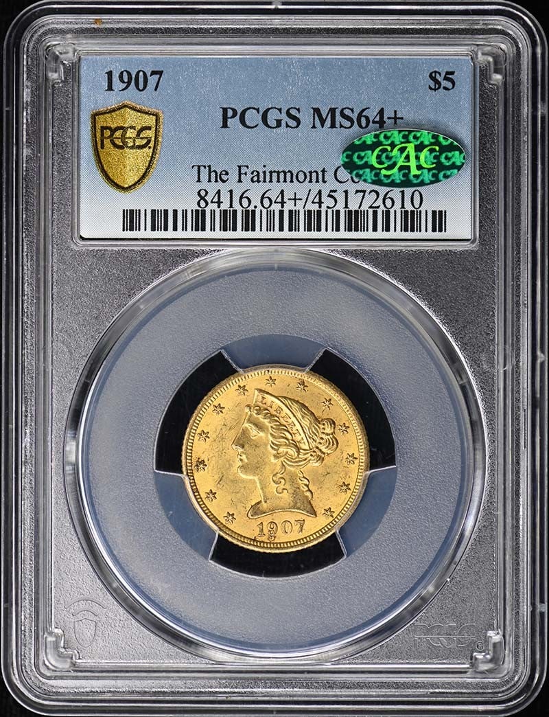 PCGS CAC MS64 Plus 1907 Liberty $5 Gold Half Eagle Coin: PCGS CAC MS64 Plus 1907 Liberty $5 Gold Half Eagle Coin This 1907 $5 Liberty Head Half Eagle coin is certified by PCGS with a grade of MS64+ and has received the CAC designation. Minted in Philadelphi