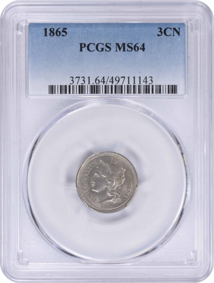 1865 Three Cent Nickel MS64 PCGS Uncirculated by Longacre: 1865 Three Cent Nickel MS64 PCGS Uncirculated by Longacre This 1865 Three Cent Nickel is a stunning collectible, graded MS64 by PCGS, indicating its uncirculated condition. Struck at the Philadelphia 