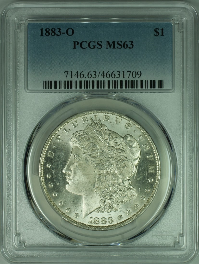 PCGS MS-63 1883-O Morgan Dollar New Orleans Mint Silver Coin: PCGS MS-63 1883-O Morgan Dollar New Orleans Mint Silver Coin This is an un-used 1883-O Morgan Silver Dollar graded MS-63 by PCGS. Minted in New Orleans, this United States $1 coin is composed of silve