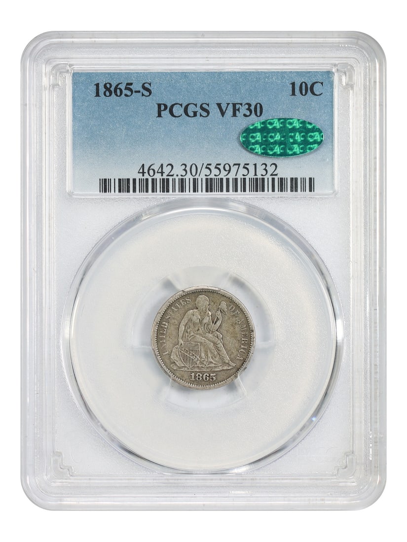 PCGS CAC 1865 San Francisco Liberty Seated Dime VF30 10C: PCGS CAC 1865 San Francisco Liberty Seated Dime VF30 10C This 1865-S Liberty Seated Dime is a circulated coin graded VF30 by PCGS with CAC approval. Struck at the San Francisco Mint during the Civil W
