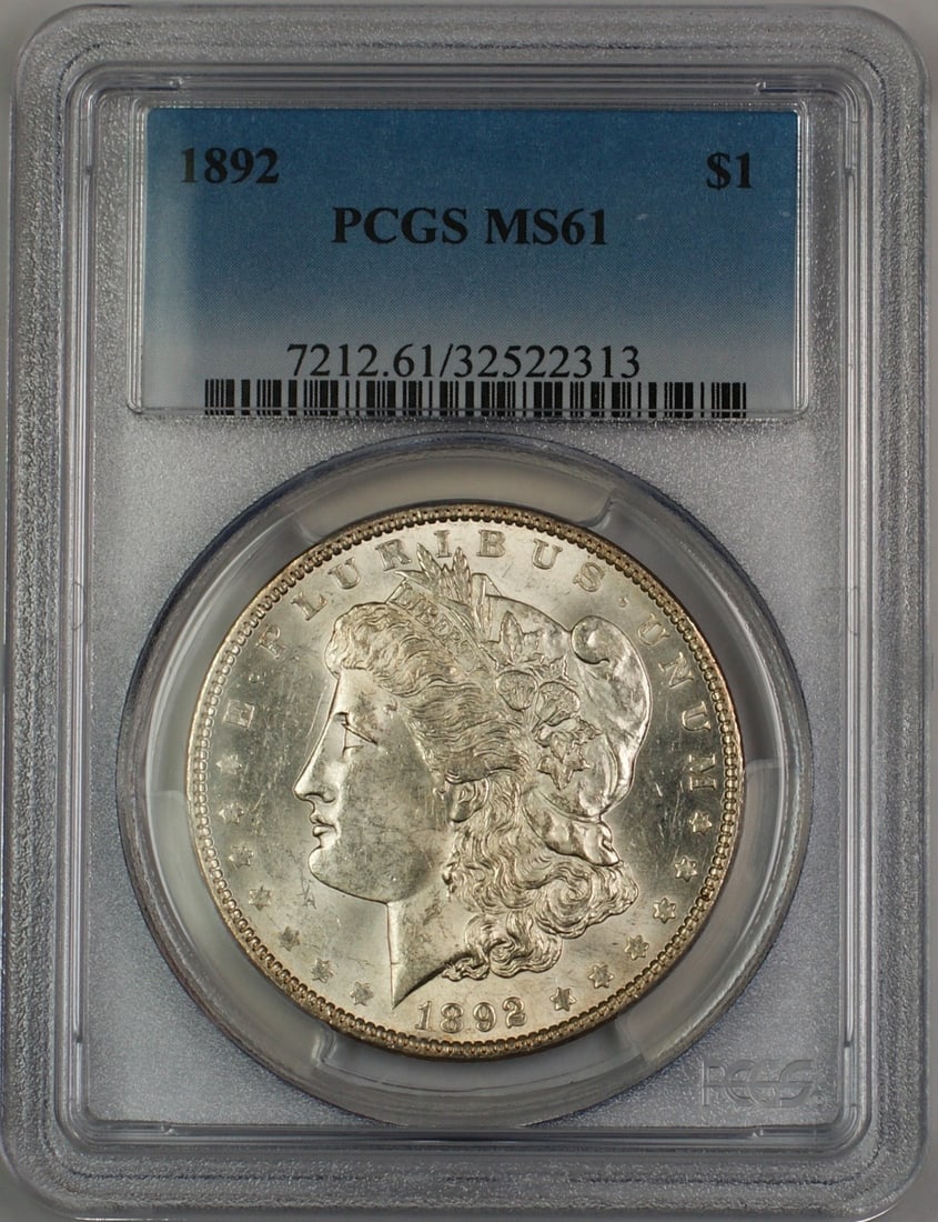 PCGS MS-61 1892 Philadelphia Morgan Silver Dollar Uncirculated: PCGS MS-61 1892 Philadelphia Morgan Silver Dollar Uncirculated This 1892 Morgan Silver Dollar is certified by PCGS with a grade of MS-61. Minted in Philadelphia, it features a silver composition and r