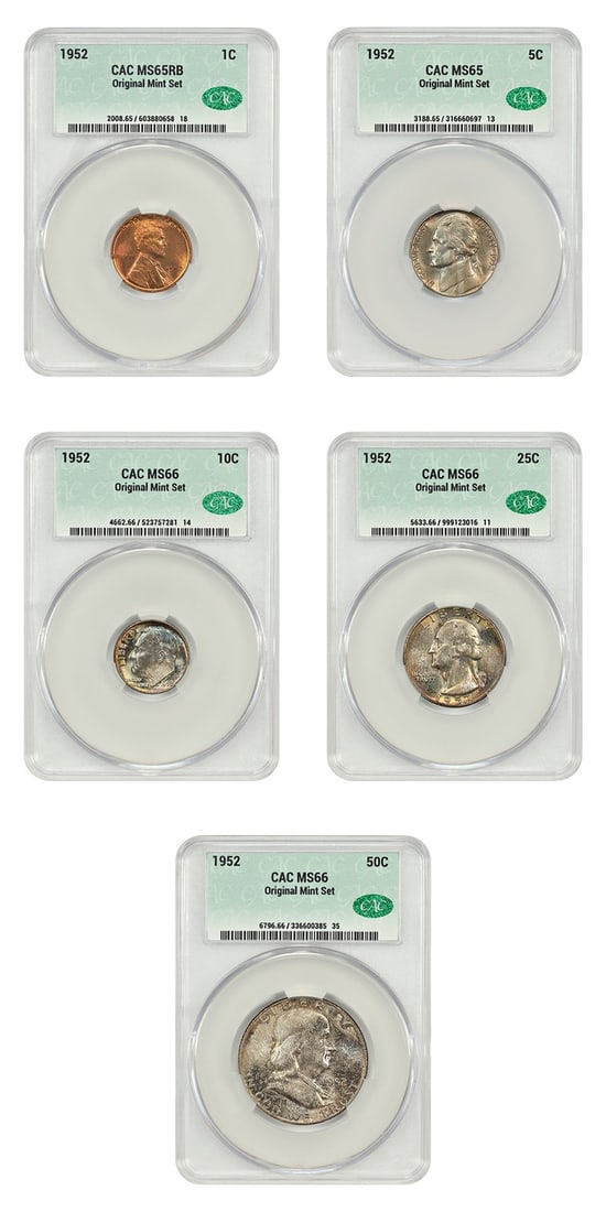 1952 Five Coin Uncirculated Mint Set CACG Certified MS65-MS66: 1952 Five Coin Uncirculated Mint Set CACG Certified MS65-MS66 This 1952 Mint Set includes five coins: 1C MS65RB, 5C MS65, 10C MS66, 25C MS66, and 50C MS66. All coins are uncirculated and certified by 