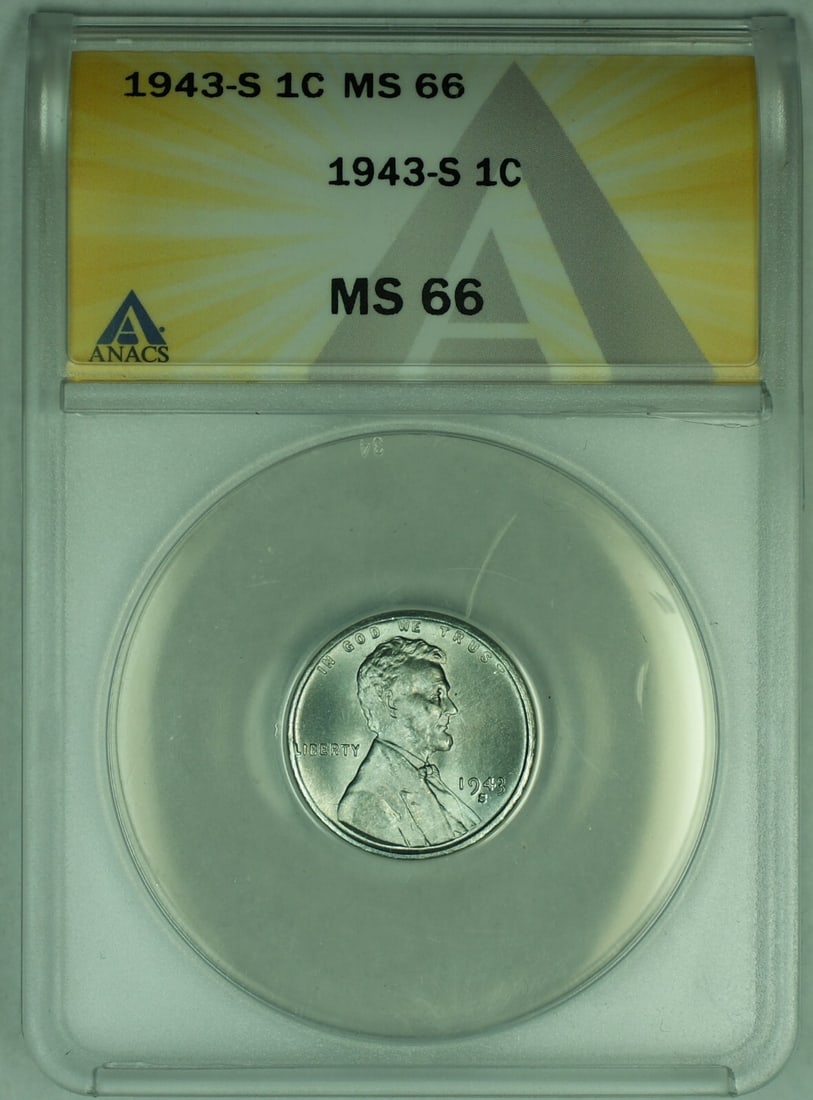 Steel 1943-S Lincoln Wheat Cent ANACS MS 66 Certified Uncirculated Coin: Steel 1943-S Lincoln Wheat Cent ANACS MS 66 Certified Uncirculated Coin This 1943-S Lincoln Steel Wheat Cent is an uncirculated coin graded MS 66 by ANACS. Made of steel, it features the classic Linco