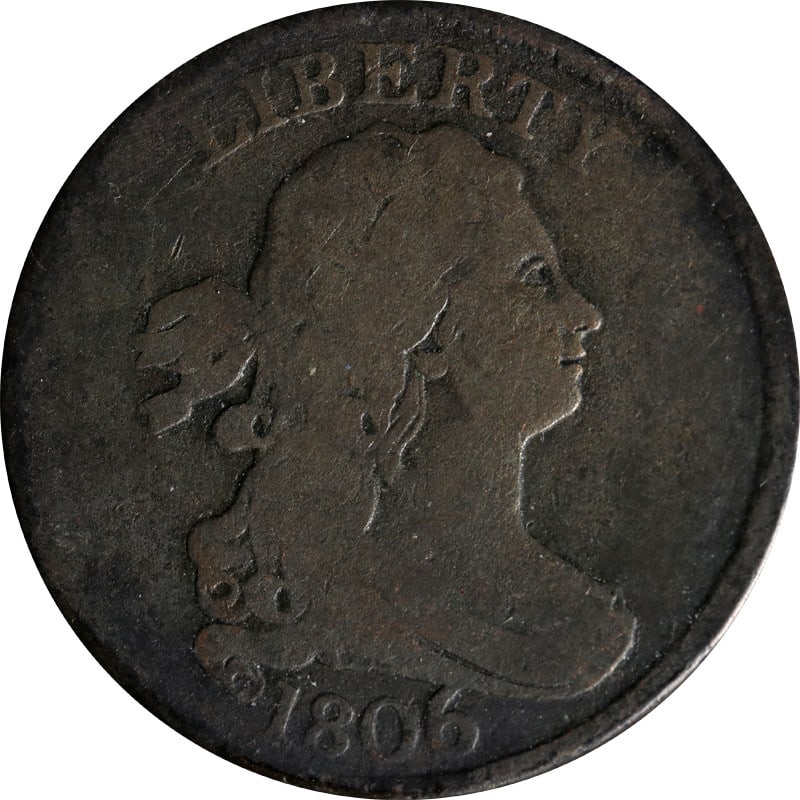 1806 Copper United States Draped Bust Half Cent Coin: 1806 Copper United States Draped Bust Half Cent Coin This is an 1806 Draped Bust Half Cent from the United States, composed of copper. The coin is circulated and pre-owned, making it a collectible pie