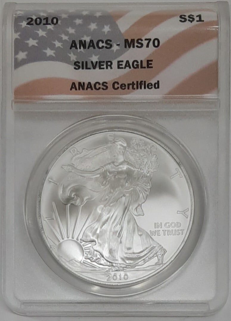 ANACS MS-70 Certified 2010 Silver Eagle Dollar with Flag Label: ANACS MS-70 Certified 2010 Silver Eagle Dollar with Flag Label This is a 2010 American Silver Eagle one dollar coin, certified by ANACS with a perfect MS-70 grade. The coin is uncirculated and feature