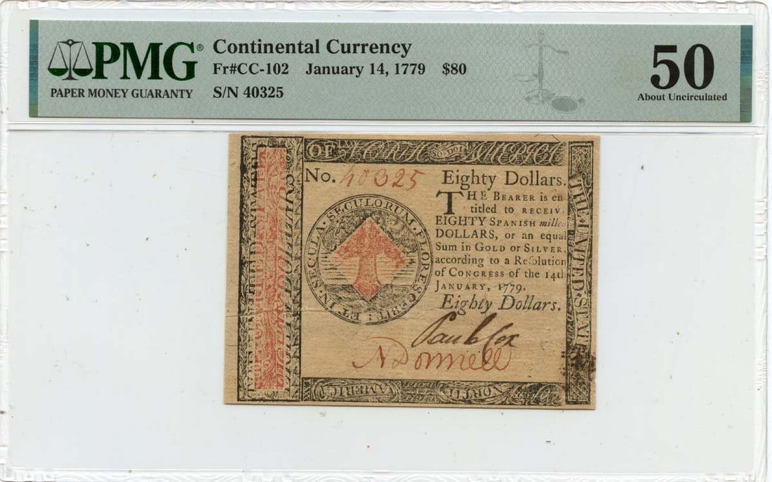 1779 $80 Continental Currency Note PMG AU50 Certified: 1779 $80 Continental Currency Note PMG AU50 Certified This is a historical $80 Continental Currency note dated January 14, 1779, featuring a denomination of Continental Currency. The note has been cer