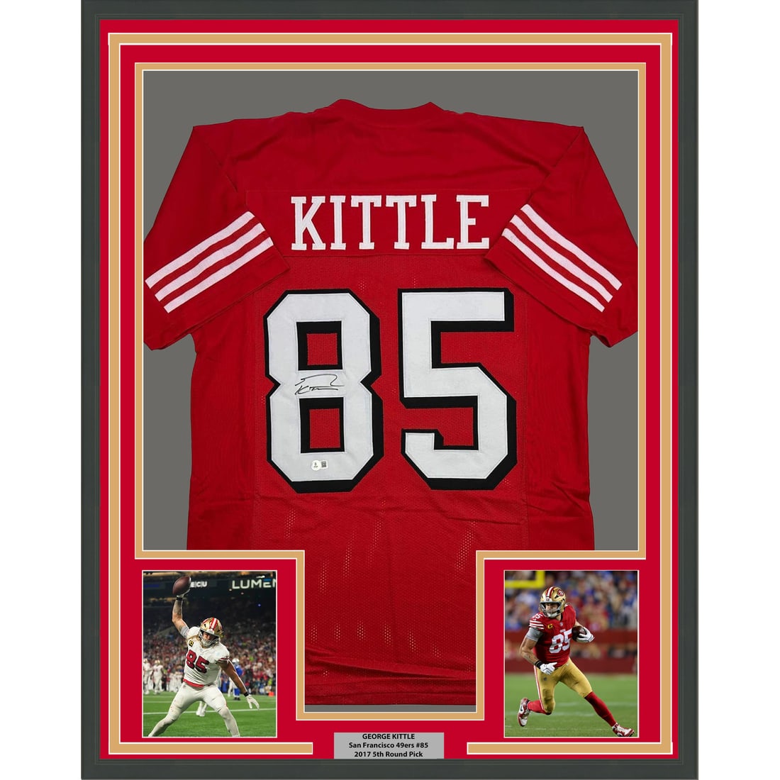 George Kittle Signed San Francisco 49ers Jersey Display 35x39 Framed with BAS COA: George Kittle Signed San Francisco 49ers Jersey Display 35x39 Framed with BAS COA This is a professionally framed and matted San Francisco 49ers alternate jersey autographed by George Kittle. The disp