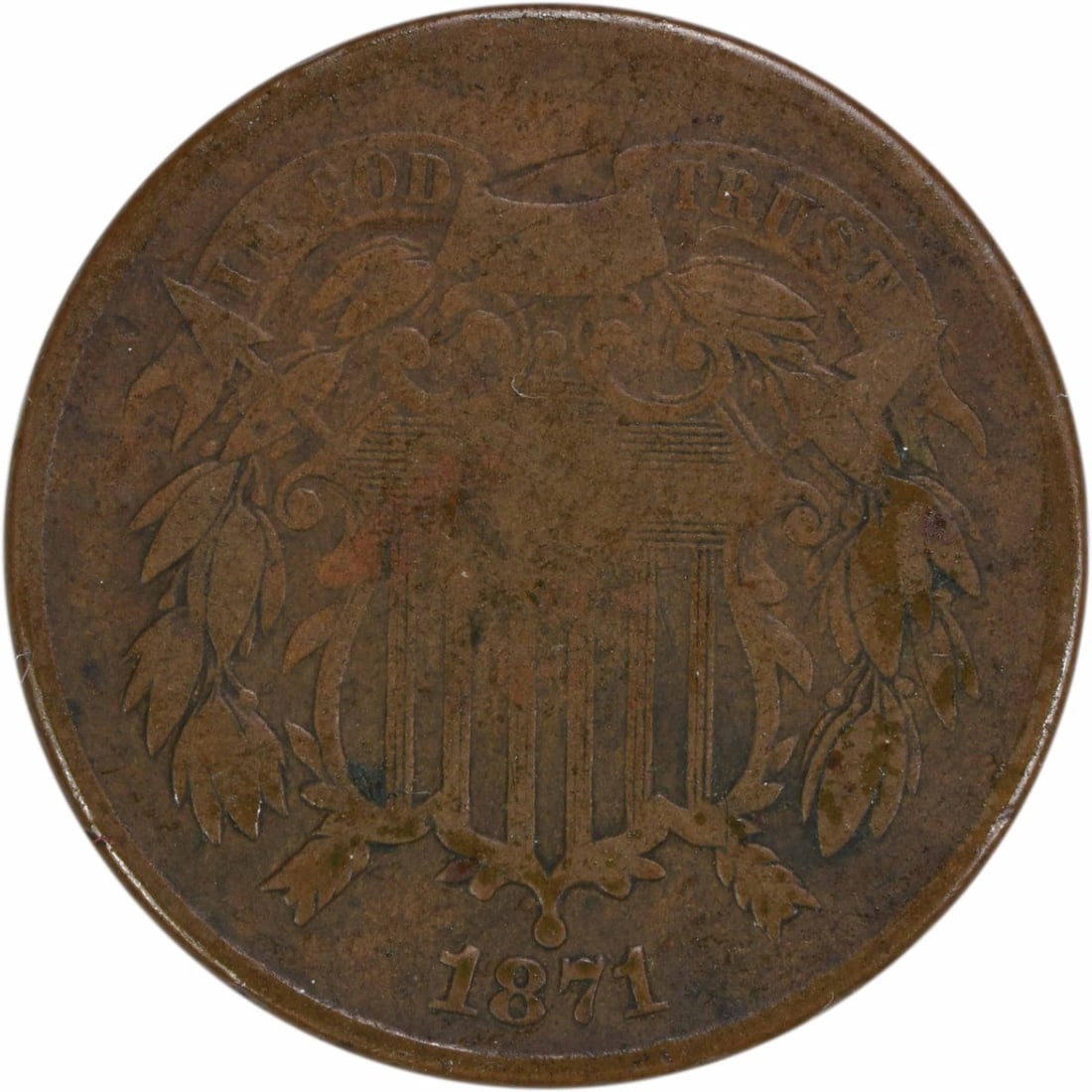 1871 Two Cent Piece Bronze Coin VG Circulated Philadelphia Mint: 1871 Two Cent Piece Bronze Coin VG Circulated Philadelphia Mint This 1871 Two Cent Piece is a historical coin minted in Philadelphia. It features a bronze composition and was designed by James Barton 