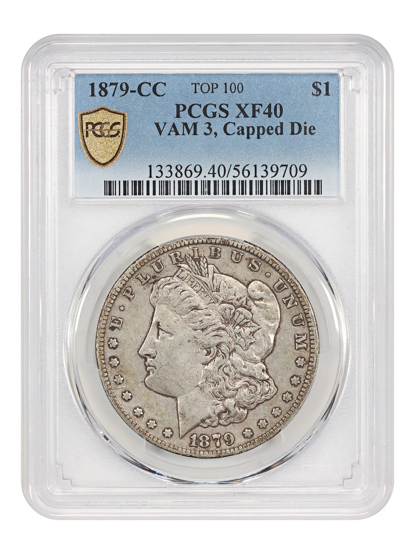 PCGS XF40 1879 Carson City Morgan Dollar VAM-3 Capped Die Top 100: PCGS XF40 1879 Carson City Morgan Dollar VAM-3 Capped Die Top 100 This 1879-CC Morgan Dollar is a highly collectible Top 100 VAM-3 Capped Die variety, recognized for the raised dimples or crustiness a