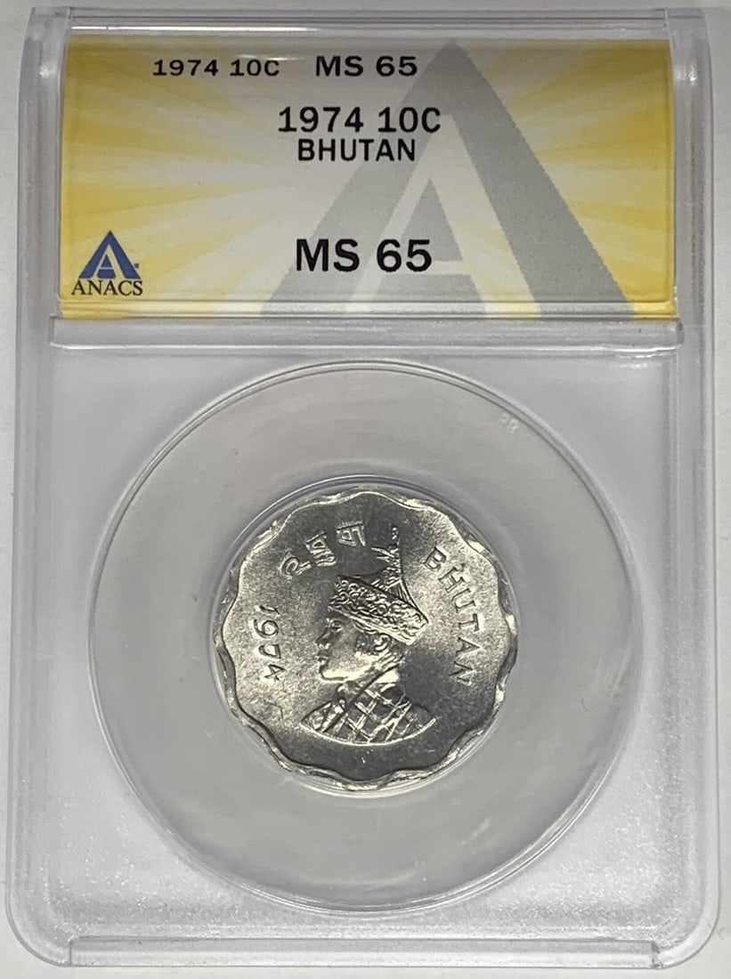 Bhutan 1974 10 Chetrums ANACS Certified MS 65 Coin: Bhutan 1974 10 Chetrums ANACS Certified MS 65 Coin This 1974 Bhutan 10 Chetrums coin is graded MS 65 by ANACS. It originates from and circulated in Bhutan. The coin is in pre-owned condition. Specific