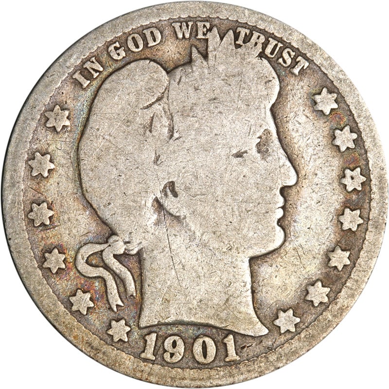 1901-O Barber Quarter Silver Coin Circulated UNCERTIFIED: 1901-O Barber Quarter Silver Coin Circulated UNCERTIFIED This 1901-O Barber Quarter is a classic piece of American numismatic history. It features a silver composition with a fineness of 0.9, indicati